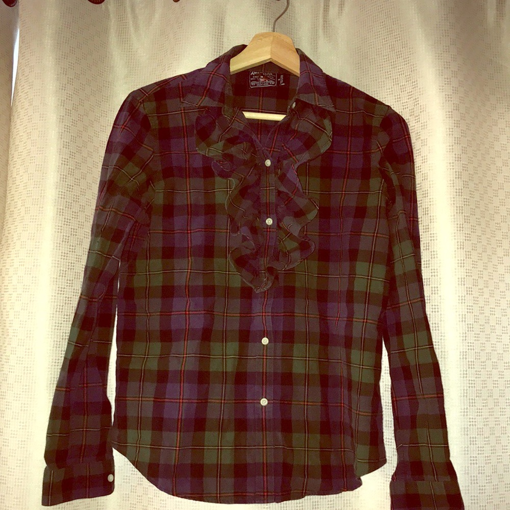 Plaid button down with ruffles